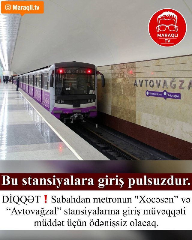Sentyabrın 23-dən “Xocəsən” və “Avtovağzal” stansiyalarına giriş müvəqqəti müddət üçün ödənişsiz olacaq.