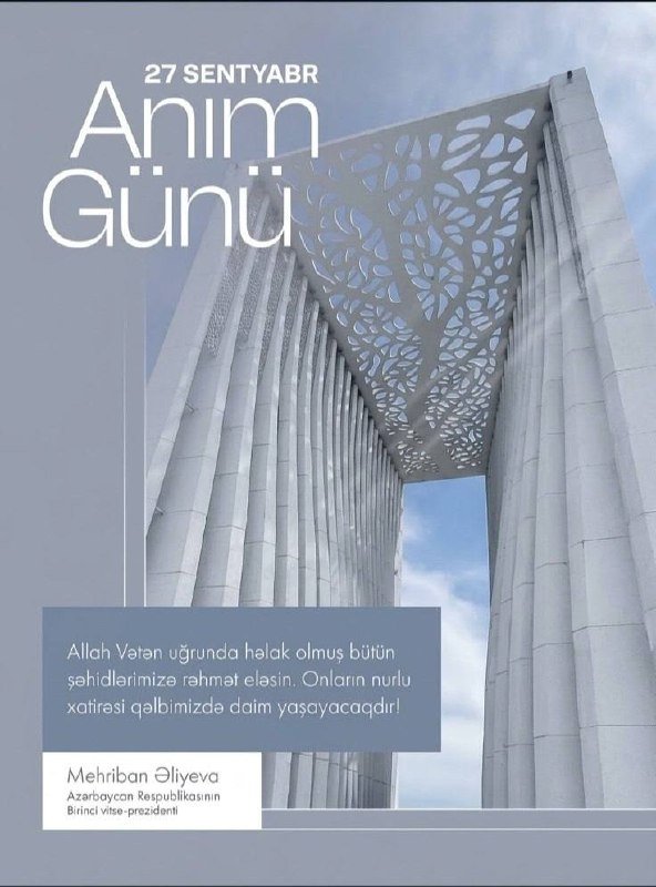 Azərbaycanın Birinci vitse-prezidenti Mehriban Əliyeva sosial şəbəkə hesabında 27 sentyabr - Anım Günü ilə bağlı paylaşım edib.