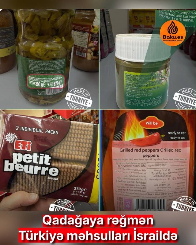 Türkiyə İsrailə məhsul ixracına qadağa qoyduğunu bildirsə də, İsrail marketlərində Türkiyə istehsalı olan məhsulların satıldığı görünür